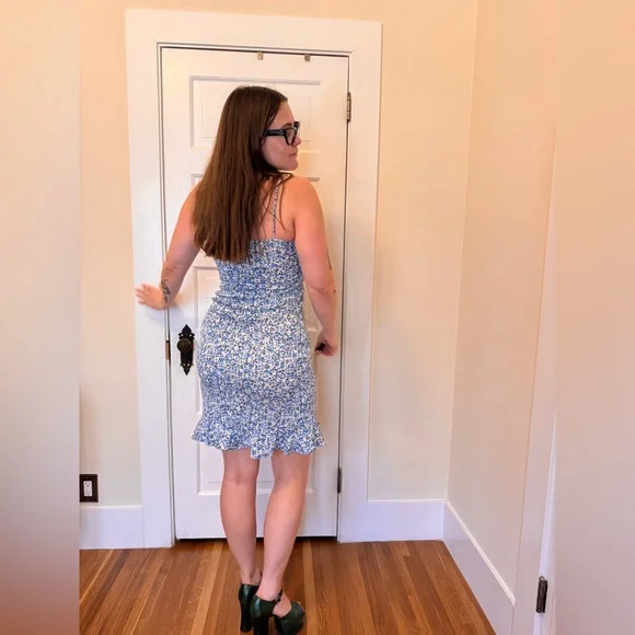 90s Vintage Baby Blue Floral Spaghetti Strap Sundress Sz M - Picture 2 of 9